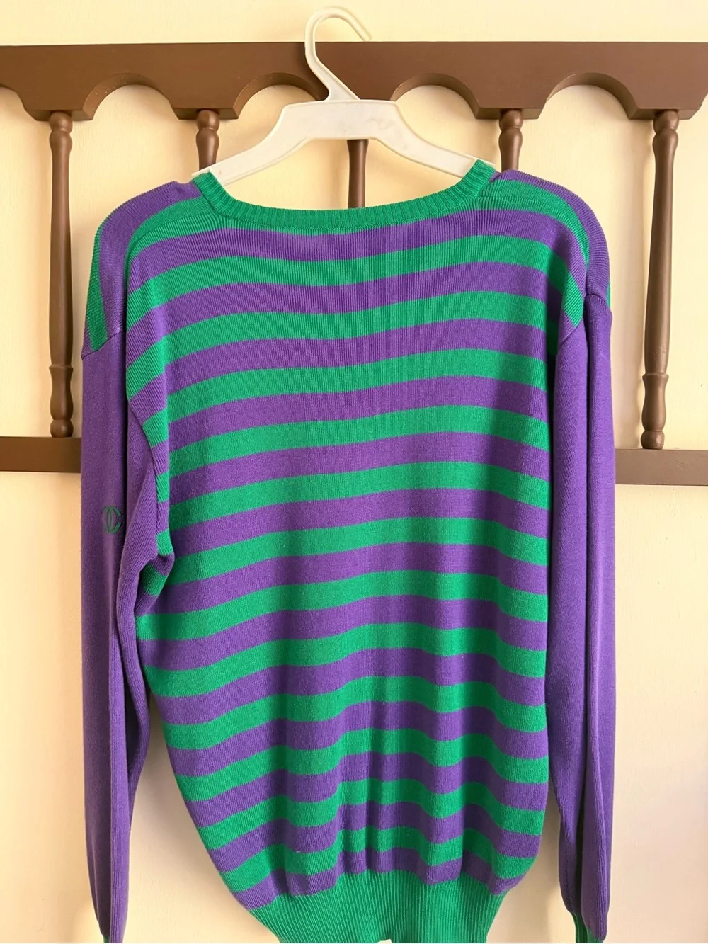 Striped Green & Purple Womens Sweater - Classic V-Notch Pullover